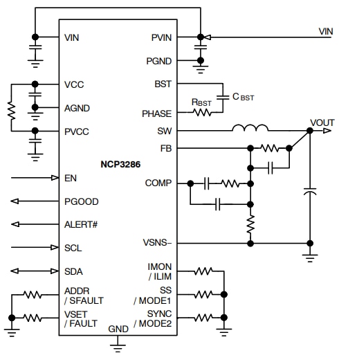 Application Circuit Diagram - onsemi NCP3286 Stackable Synchronous Buck Regulator
